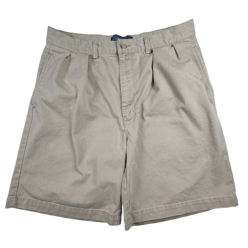 Polo Ralph Lauren Tyler Short Mens 33 Khaki Tan Pleated Chino Cotton